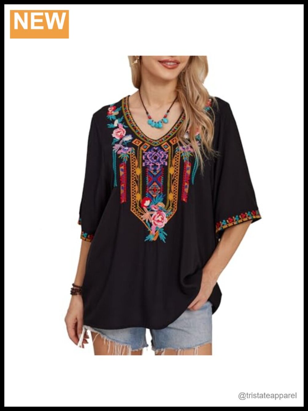 Plus Size Mexican Embroidered Peasant Blouse, Loose Fit Boho Top, Rayon